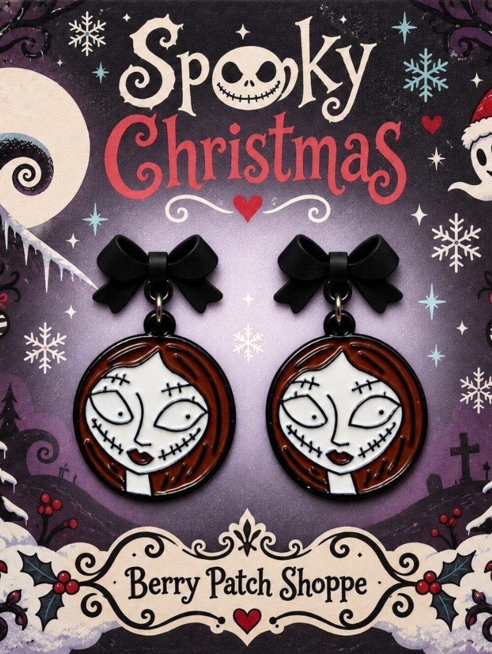 The Nightmare Before Christmas Sally Spooky Bow Dangle Earrings